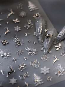 1 pezzo Adesivi per unghie natalizi eleganti con cristalli, decorazioni 5D invernali con fiocchi di neve, renne, stelle e fiocchi d'argento per unghie lunghe e corte, adatti per feste di Natale