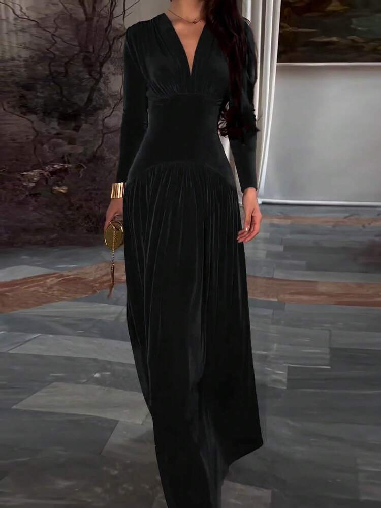 فستان أنيق للنساء بياقة على شكل حرف V وأكمام طويلة للخريف/الشتاء من القطيفة، لون أحادي، قماش محبوك أنيق مع سحاب وحافة مكسرة، ثوب سهرة رسمي - الأسود - مشاهدة 3