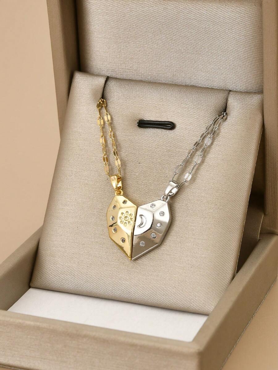 2pcs Cute Heart-Shaped Combination Stainless Steel Necklace, Stars, Moon, Cartoon, Couples, Friendship, Gold Jewelry, Stainless Steel Jewelry, Birthday Gift, Gift For Couples, Friend, Bestie, Parents