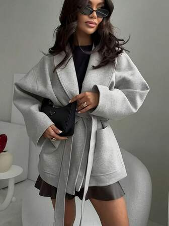 Women's Autumn/Winter Shawl Collar Drop Shoulder Long Sleeve Solid Color Belted Pocket Collegiate Overcoat