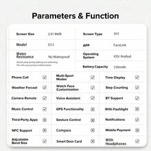 Die Smartwatch beinhaltet Bluetooth-Kopfhörer, unterstützt Bluetooth-Anrufe, Vollbildschirm, Schütteln zum Fotografieren, mehrere Sportmodi, Wetter, Kalorienrechner, Schrittzähler, Timer