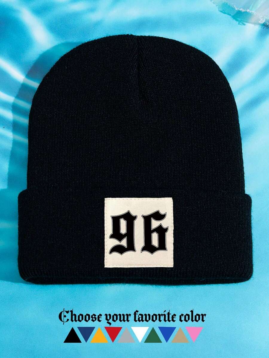 1pc Unisex Outdoor Casual Fashion Knit Beanie Hat With 96 Numeric Print, Warm & Comfortable, Suitable For Daily Wear