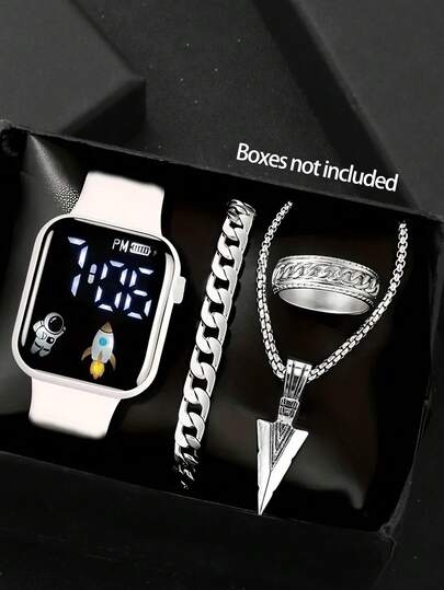 4 Stück/Set Sportuhr für Herren, elektronische Uhr mit weißer Raketen-Digitalanzeige, LED und Pfeil, Schmuckhalskette Set