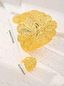 Set de joyería de 2 piezas de brazalete y anillo de color dorado para mujeres, material de cobre chapado en oro de 24K, de alta gama y festivo - Amarillo Oro - Ver 3