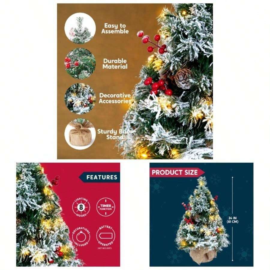 - rbol de Navidad de 22 pulgadas con nieve flocado preiluminado para la mejor decoracin del hogar de Navidad funciona con bateras - Verde - Ver 1