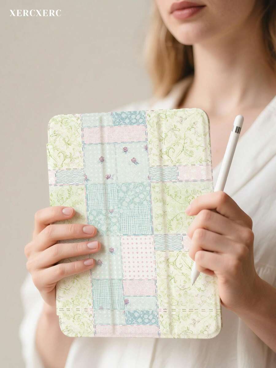 xercxerc Patchwork Floral Gingham Polka Dot Pattern Flip PU/TPU Hybrid Case With 360 Folding Stand, Pencil Slot, Shockproof Drop Protection, Auto Wake Sleep For IPad Pro 11/12.9/10.9 (2025/2024), IPad Air 10.9/10.5, IPad Mini 8.3, Galaxy Tab S10+/S9+/S8+, Including IPad Air 11 Inch Case, IPad A16 Case, IPad 9th/10th/11th Generation Case, Fall Ipad Case, Back To School - 藍色 - 查看 1