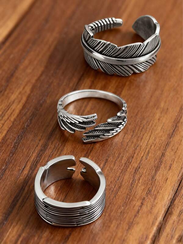 Vintage Adjustable Open Ring - Feather & Wing Textured Antique Silver Ring, Unisex Wrap Thumb Ring For Women, Punk Style Birthday Gift & Friendship Token