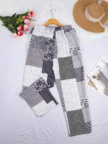 大码女式印花抽绳哈伦裤 - 灰色 - 查看 3