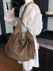 2025新款高端小众包，波西米亚复古麂皮大容量流苏单肩包，时尚百搭腋下包 - 咖啡 - 查看 3