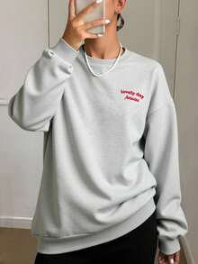 Livesso Damen Loose Fit Pullover mit Buchstickerei, Rundhalsausschnitt, Fleece, Langarm Oberteil, Herbstmode für Frauen - Grau - Übersicht 2