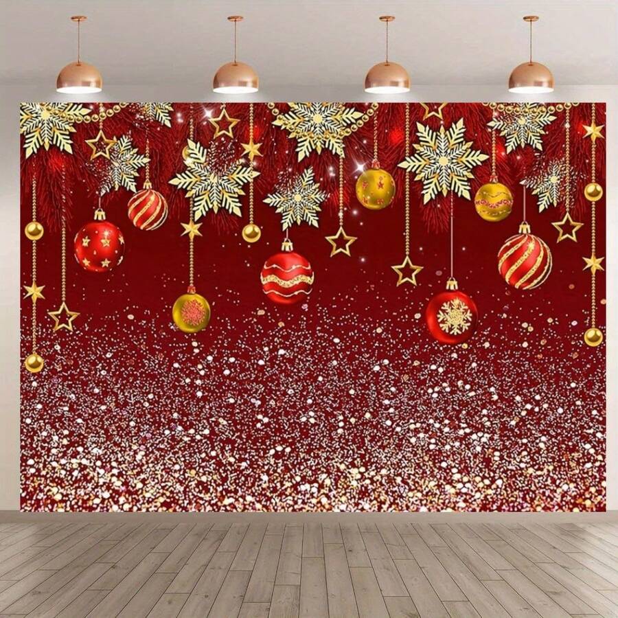 خلفية بانر ديكور عيد الميلاد، تتميز بخلفية حمراء لعيد الميلاد مع رقائق الثلج والزينات المعلقة، متعددة الاستخدامات، ديكور حفلة متعدد الأغراض، قماش خلفية عيد الميلاد، متوفر بأحجام مختلفة، مسطح 2D.