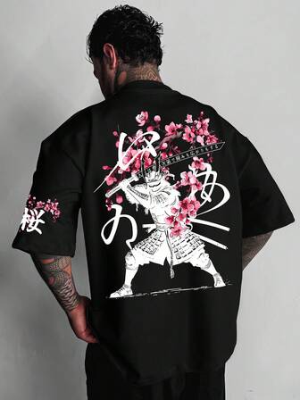 Men Japanese Letter & Floral Print Tee