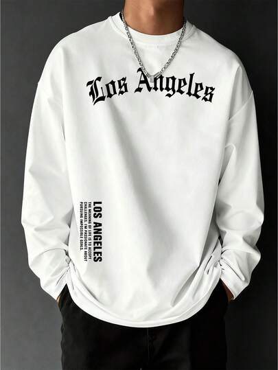 1pc Men's Street Fashion "Los Angeles" Gothic Font Loose T-Shirt, Suitable For Autumn/Winter