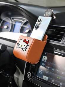 Sanrio 1 قطعة صندوق تخزين من الجلد للسيارة بشكل قطة باللون الأسود والبرتقالي والرمادي والبيج، حامل هاتف مثبت على فتحة التهوية