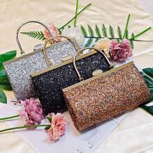 Glitter Sequin Evening Clutch Bag For Women - Metal Top Handle & Detachable Chain Strap, Sparkly Handbag For Party, Prom, Gala (Multiple Colors Available)