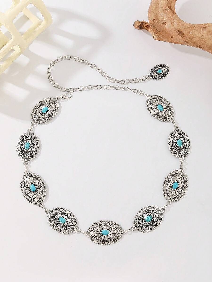 Bohemian Vintage Alloy Oval Turquoise Waist Chain, Waist Belt For Dress, Coat, Suitable For Wedding, Spring/Summer/Autumn/Winter