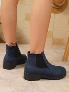 Women's Solid Color Round Toe Casual Fashion Slip-On Chelsea Ankle Boots - Navy Blue - View 6