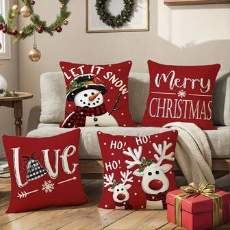 4pcs Festive Red Christmas Throw Pillow Covers, 45.72x45.72cm - Snowman & Reindeer Designs With "Let It Snow" & "Merry Christmas" Phrases, Cozy Winter Holiday Decor For Home, Porch, Patio, Couch & Sofa, Durable Polyester, Zip Closure, Hand Wash Only - No Inserts