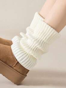 1 Pair Of Women's Leg Warmer, White Knitted Warm Calf , Suitable For Autumn And Winter, Y2k, Cozy - White - View 2