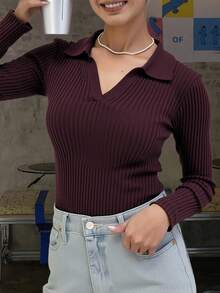 Livesso Fall/Winter Solid Color Casual Business Style Turtleneck Fitted Sweater,Long Sleeve Tops - Burgundy - View 3