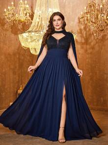 UNITHORSE Plus 女式露背超长袖贴花流苏修身开衩气质晚礼服 - 藏蓝色 - 查看 4