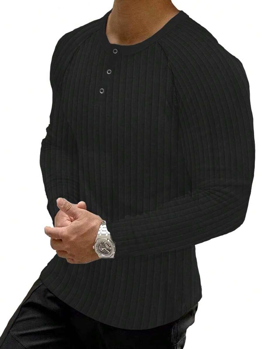 Men's Ribbed Henry Shirt Slim Fit Muscle T-Shirt Cotton Casual Long Sleeved Shirt,Suitable For Traveling, Keeping Warm As An Inner Layer, And Giving Gifts During Festivals - 黑色 - 查看 1
