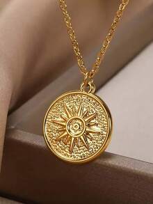 1 pieza Collar con colgante de sol de acero inoxidable para mujer, color dorado con cadena y dije de circonita, joyería estética como regalo