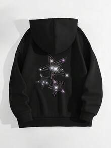 LOVE JOYY Women's Rhinestone Star Cropped Hooded Sweatshirt, Loose-Fitting, Stylish, And Casual, Perfect For Everyday Autumn And Winter Wear. Long-Sleeved Black Top - Black - View 6