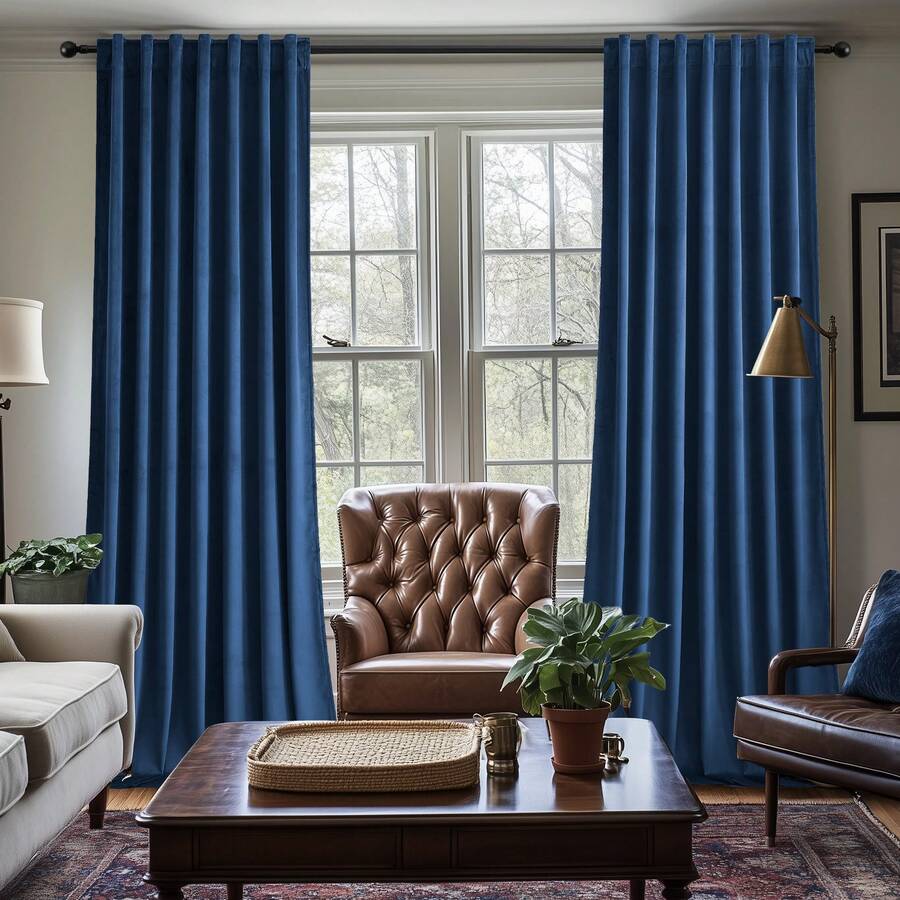 2 Panel Vintage Velvet Curtains, Back Tab Curtains For Living Room, Bedroom And Dining Room, Soft Drape With Good Home Decoration Curtains - Màu xanh hải quân - Xem 1