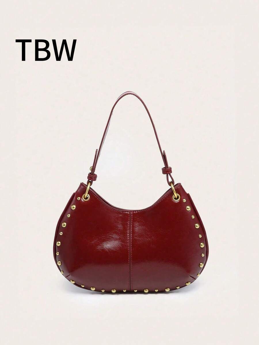 Bolso de hombro de mujer con forma de media luna, decoración minimalista de remaches, PU vintage punk, adecuado para ir de compras - Burdeos - Ver 1