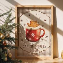 1pc Frameless Gingerbread Mug Christmas Print, Kitchen Coffee Bar Wall Art, Plaid Background Warm Tones Winter Holiday Decor, Cozy Home Decor Poster For Living Room, Bedroom, Dorm, Vintage Style Aesthetic