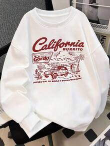 1pc Women Oversized Crew Neck Sweatshirt, Car English Print, Casual Loose Fit Pullover Long Sleeve Top, Autumn/Winter
