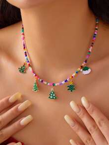 1 buc Lanț Reglabil din Aliaj cu Mărgele din Lut Polimeric, Colier cu Pandantiv de Crăciun cu Mai Multe Straturi, Moș Crăciun, Brad de Crăciun, Om de Zăpadă - Colier la Modă și Versatil pentru Femei, de Crăciun, Sărbători, Petrecere, Evenimente, Bijuterii Choker - Cadou (Culoare Aleatoare)