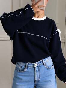 Livesso Women's Oversized Round Neck Contrast Color Bowknot T-Shirt Long Sleeve Women Tops,Fall Women Clothes - Navy Blue - View 2