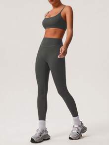 Sodalemon Women's Solid Color Thick Sports Bra & Yoga Leggings 2 Pieces Workout Set - Grey - View 5