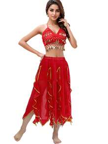 Bộ đồ múa bụng hai mảnh dành cho nữ: Áo croptop hở lưng đính sequin và chân váy chiffon bất đối xứng họa tiết lá sen. - Nhiều màu - Xem 17