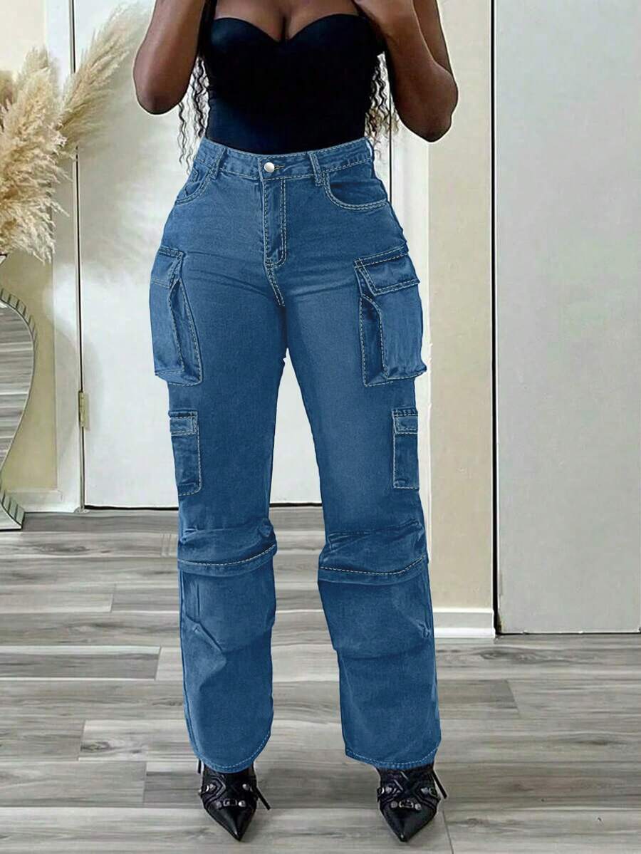 Women's Jeans, Y2K Style Women's Cargo Pants, Loose Casual Jeans, Straight-Leg Jeans, Suitable For All Seasons, Multiple Pocket Designs, Perfect For Going Out, Cocktail Parties, Parties, Christmas, Nightclubs, Banquets, Film Festivals, Cinemas, Balls, Cocktail Parties, Bars, Weddings, Graduation Ceremonies, Homeships, Birthday Parties, Rebellious Girls, Festival-Themed Parties, Going Out Outfits Streetwear, Fashion Shows, Dates, Going Out To Work, Country-Style Women's Wear, The Best Women Going Out, Ladies' Vacation Clothing, Pantalón Jean Mujer,Women Clothes,Jeans Para Mujer,Pantalones De Mujer Jean,Ropa De Mujer,Tall Jeans Women,Y2k Clothes,Going Out Outfits,Holiday Outfits For Women,Vacation Outfits Women,Club Outfits For Women,New Years Outfit Women,Holiday Outfits For Women - 藍色 - 查看 1