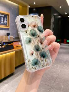 1pc White Quadrangular Anti-Drop TPU Phone Case With Dried Flower & Fruit Pattern, Compatible With IPhone, Android, OPPO Phones
