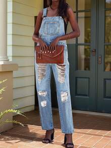Pantalones de peto de mezclilla desgastada de moda, mono casual versátil para mujeres