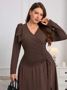 Plus Size Women's Asymmetric Ruched Shoulder Bow Decor Patchwork Handkerchief Hem Long Sleeve Dress, Autumn - Reddish Brown - View 4