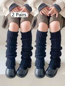 2 双/4 双儿童/青少年针织腿套，罗纹脚踝腿套，保暖腿套，秋冬时尚纯色，白色、黑色、卡其灰色，荷叶边，适合日常穿着和礼物