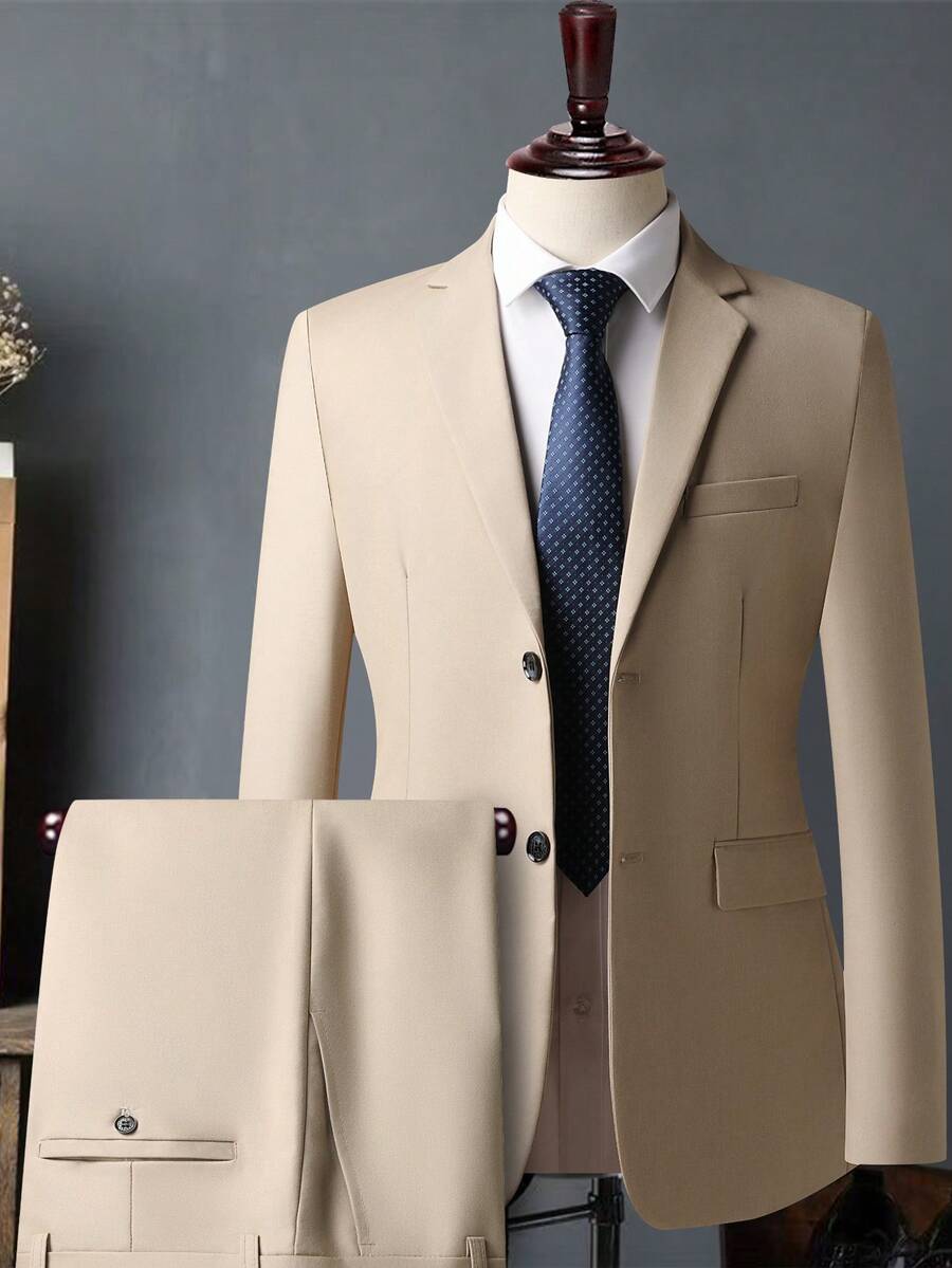 Men's White High-End Suit Set, Wrinkle Resistant And Non Hair Stained, Business Formal Wear, Four Season Commuting, Workplace, Party Dress, Two-Piece Set - Khaki - View 1