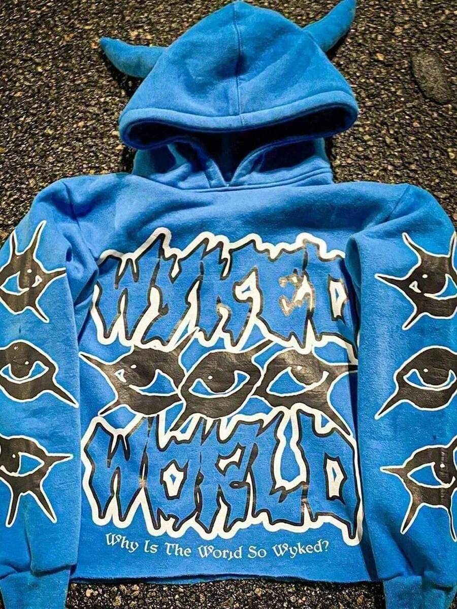 Y2K Gothic Harajuku Street Hip Hop Hoodie For Men Devil Horn Hooded Sweatshirt Punk Goth Aesthetic Grunge Pullover