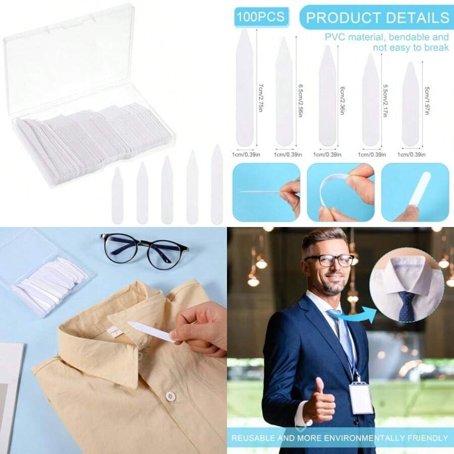 YPYC 100pcs Dr Shirt Collar InsertsPlastic Shirt Collar Stays 5 Different Lengths Of Waterproof Collar Stays For Men's Dr Shirts 2" 2.2" 2.4" 2.6" 2.8In White Fashion - As Pic - View 1