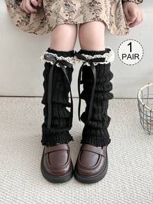 زوج/زوج واحد من الساقيات المحبوكة للأطفال والمراهقين، أكمام الساق، دافئة، فيونكة، تشطيب بالدانتيل، خريف/شتاء، جميع المواسم، أبيض، أسود، خاكي، بني، لون سادة، حافة مجعدة، أنيقة وجميلة، مناسبة للارتداء اليومي والهدايا
