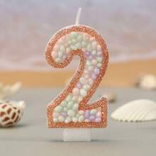 1支精美数字生日蜡烛，饰有彩色鹅卵石和马卡龙图案，0-9浅金色闪亮数字蜡烛，适合男孩和女孩 - 淡金色 - 查看 20
