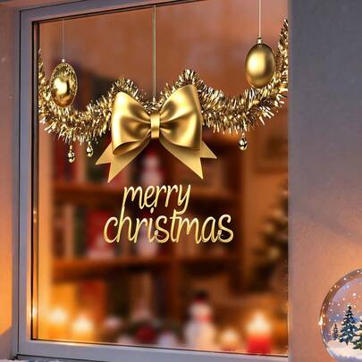 可重复使用自粘静电圣诞窗贴，蝴蝶结、心形和球形 PVC 玻璃贴纸，圣诞家居装饰，节日气氛玻璃门装饰