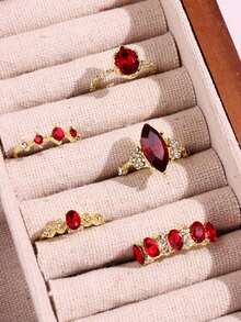 5pcs/Set Fashionable Luxury Rhinestone & Red Gemstone Gold Color Rings, Versatile Jewelry Suitable For Girlfriend, Wedding, Engagement - Multicolor - View 5