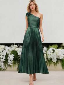 Rochie elegantă din satin cu un singur umăr, cu fundă 3D, fustă evazată, plisată, cu talie înaltă, în linie A, cu crăpătură laterală, potrivită pentru petrecere, banchet, nuntă, domnișoare de onoare