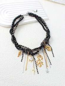 Dark Style Multi-Layer Faux Pearl Wrapped Golden Heart Tassel Necklace, Women's Contrast Beaded Choker Necklace, Punk Hip-Hop Handmade Beaded Necklace - Grey - View 13